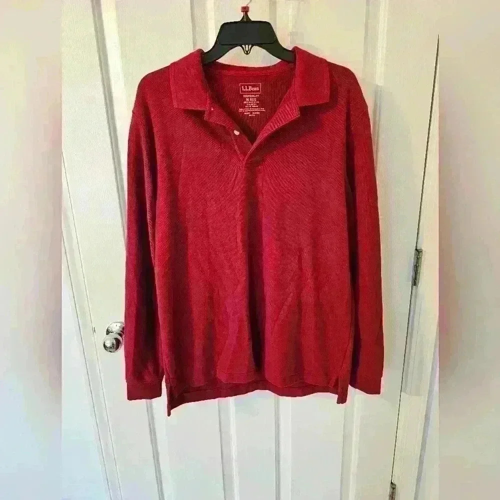 LL Bean Long Sleeve Red Cotton Traditional Fit Polo Shirt Size M